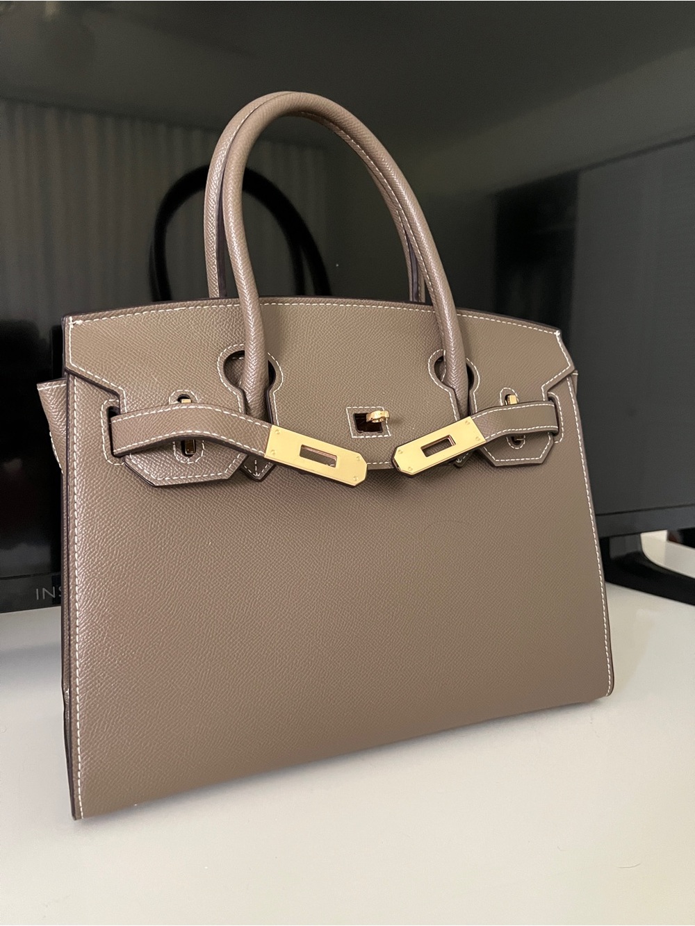 Classic Taupe Structured Top-Handle Satchel - Unbranded